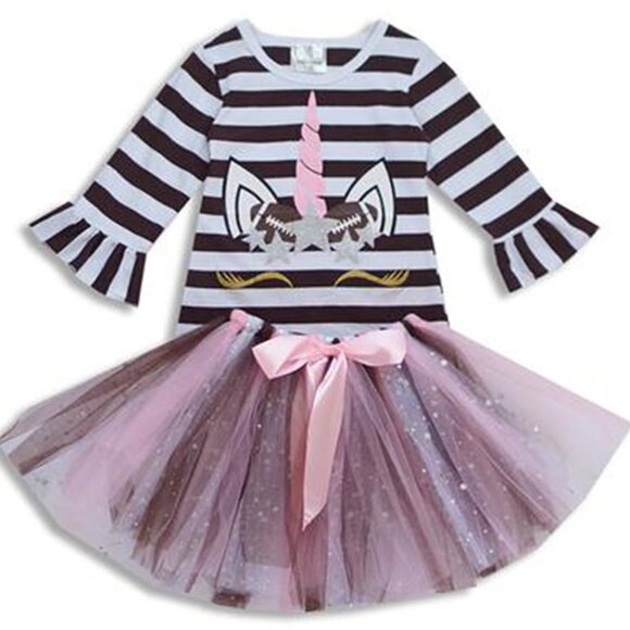 2 Pieces Skirt Set Unicorns Baseball T-Shirt Top Tutu Tulle Skirt Set Litte Girl - Picture 4 of 8